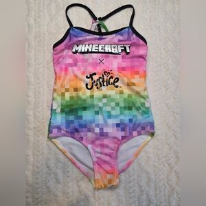 🌈 Minecraft x Justice One-Piece Swimsuit | Girls M (10) | Rainbow Pixel Print